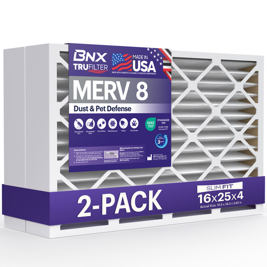 BNX TruFilter 16x25x4 MERV 8 Pleated Air Filter – Made in USA (2-Pack)