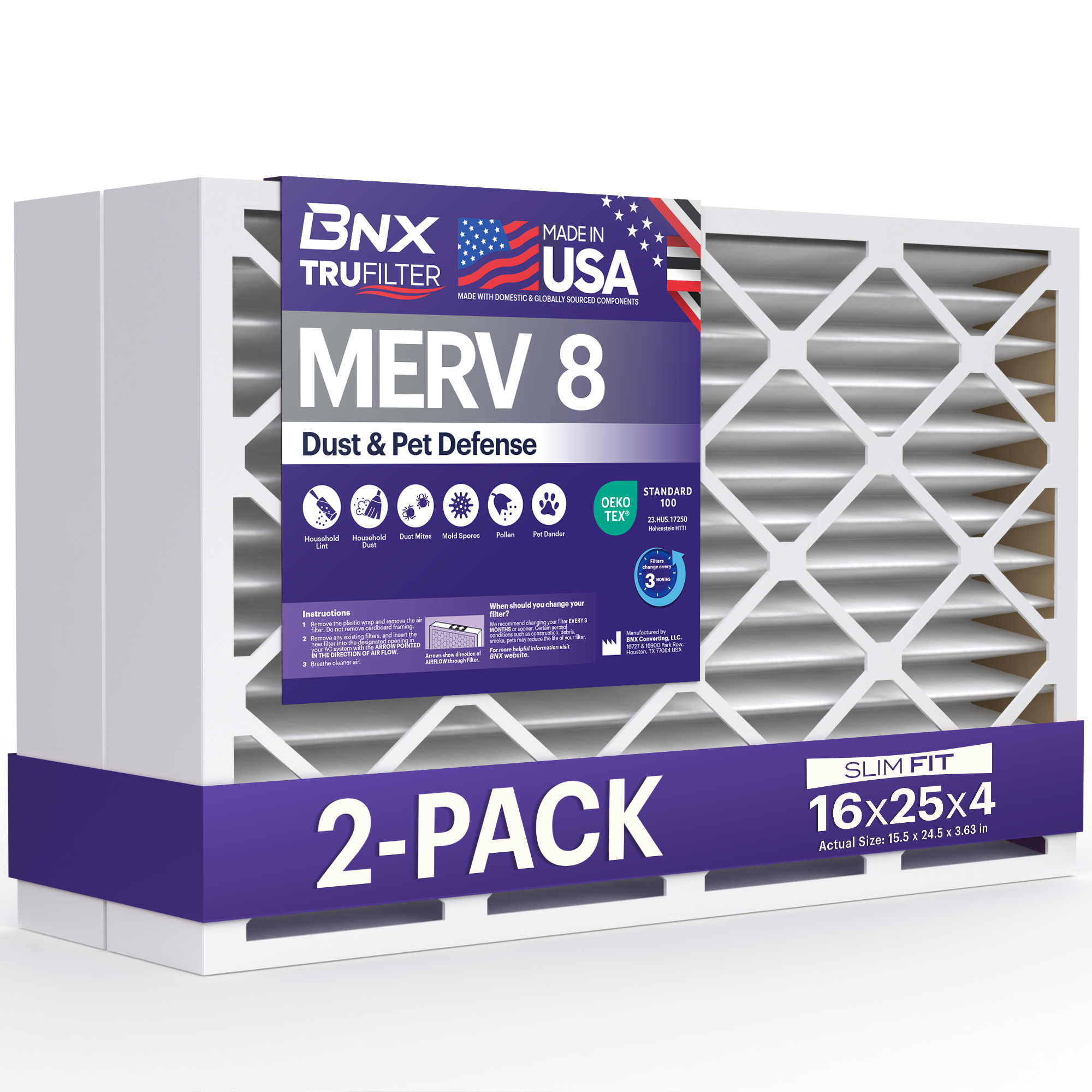BNX TruFilter 16x25x4 MERV 8 Pleated Air Filter – Made in USA (2