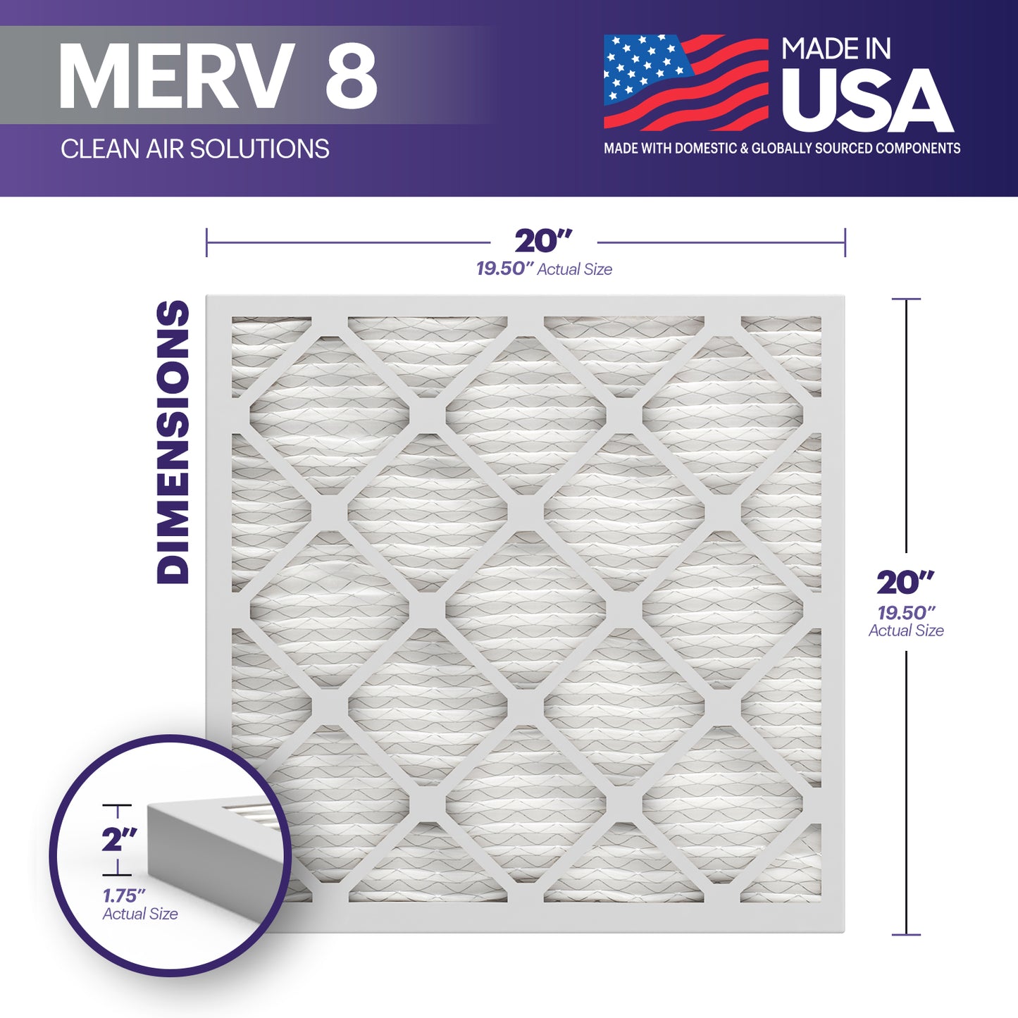BNX TruFilter 20x20x2 MERV 8 Pleated Air Filter – Made in USA (2-Pack)