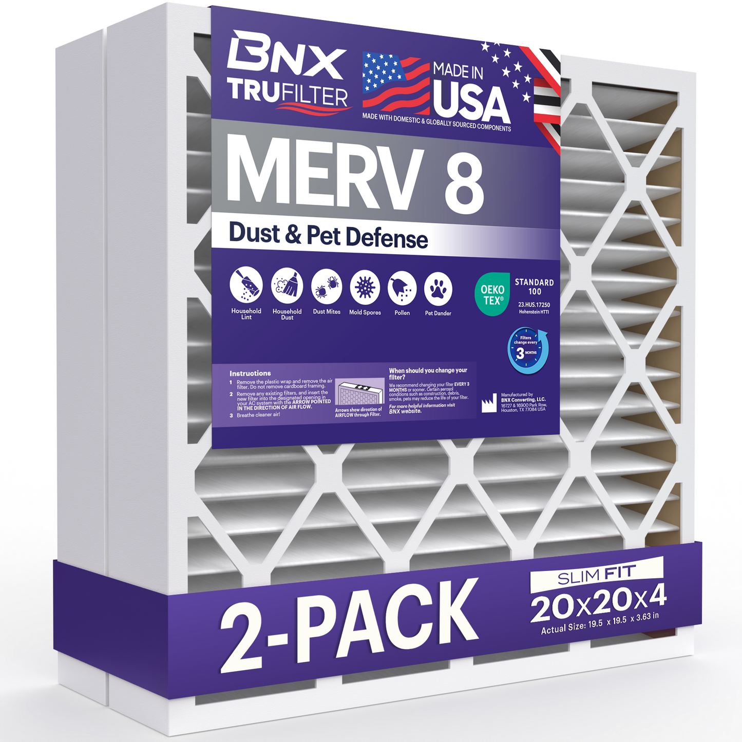BNX TruFilter 20x20x4 MERV 8 Pleated Air Filter – Made in USA (2-Pack) (Slim Fit)