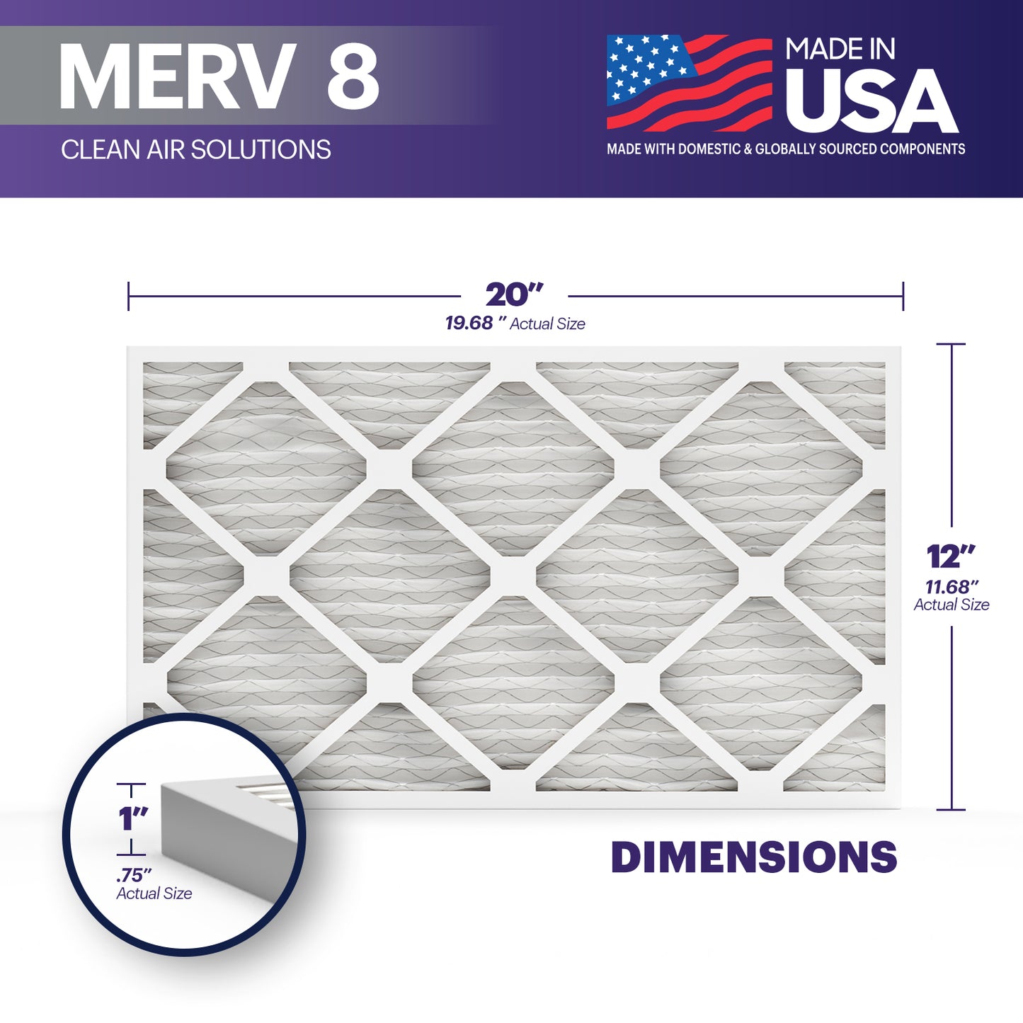 BNX TruFilter 12x20x1 MERV 8 Pleated Air Filter – Made in USA (6-Pack)
