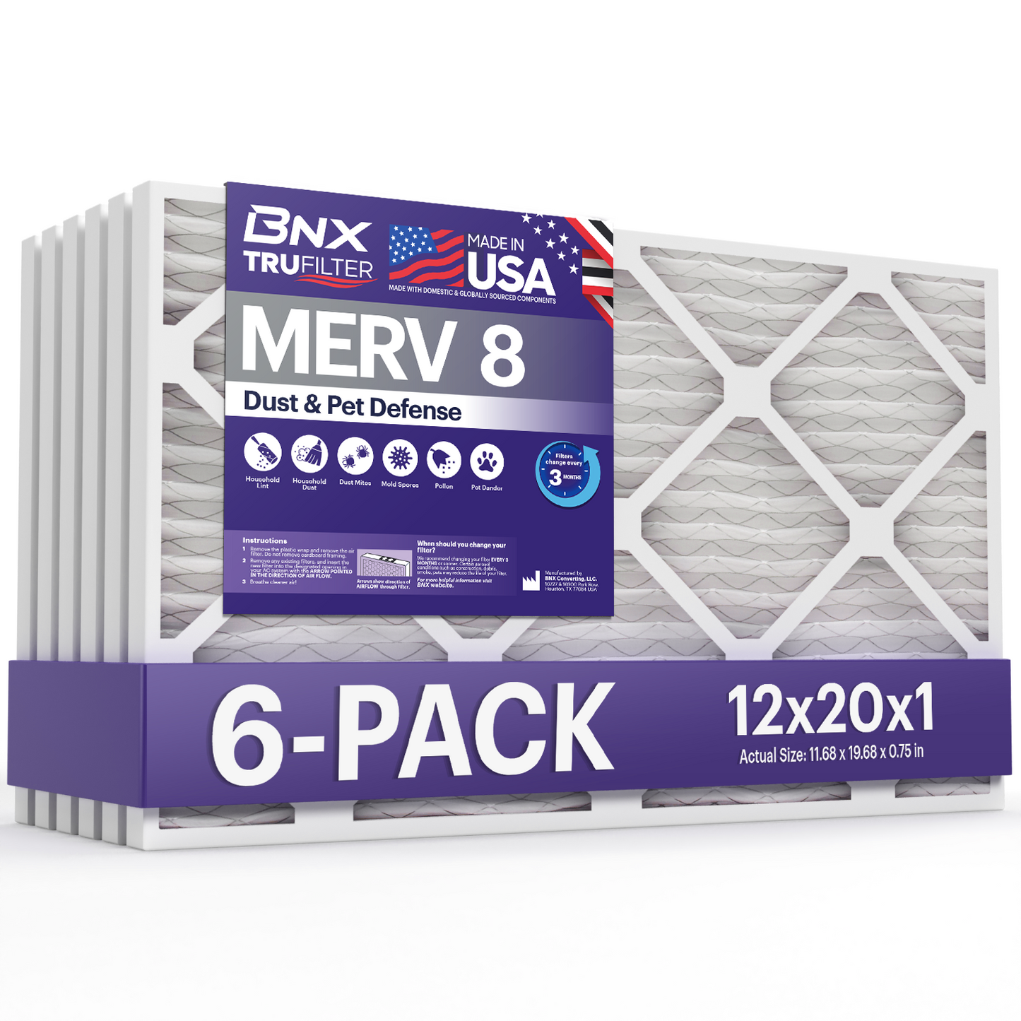 BNX TruFilter 12x20x1 MERV 8 Pleated Air Filter – Made in USA (6-Pack)