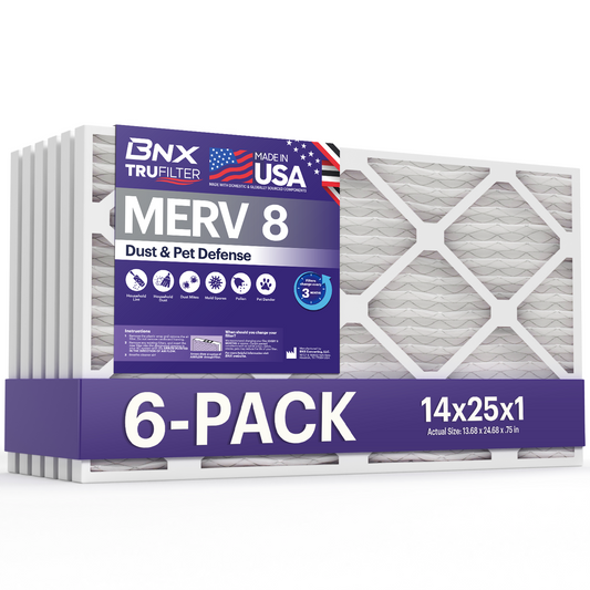 BNX 14x25x1 MERV 8 Pleated Air Filter – Made in USA (6-Pack)