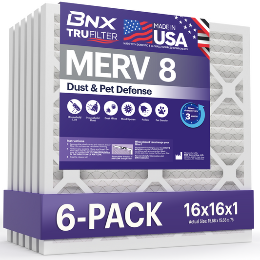BNX TruFilter 16x16x1 MERV 8 Pleated Air Filter – Made in USA (6-Pack)