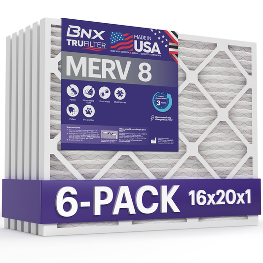BNX TruFilter 16x20x1 MERV 8 Pleated Air Filter – Made in USA (6-Pack)