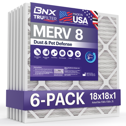 BNX TruFilter 18x18x1 MERV 8 Pleated Air Filter – Made in USA (6-Pack)