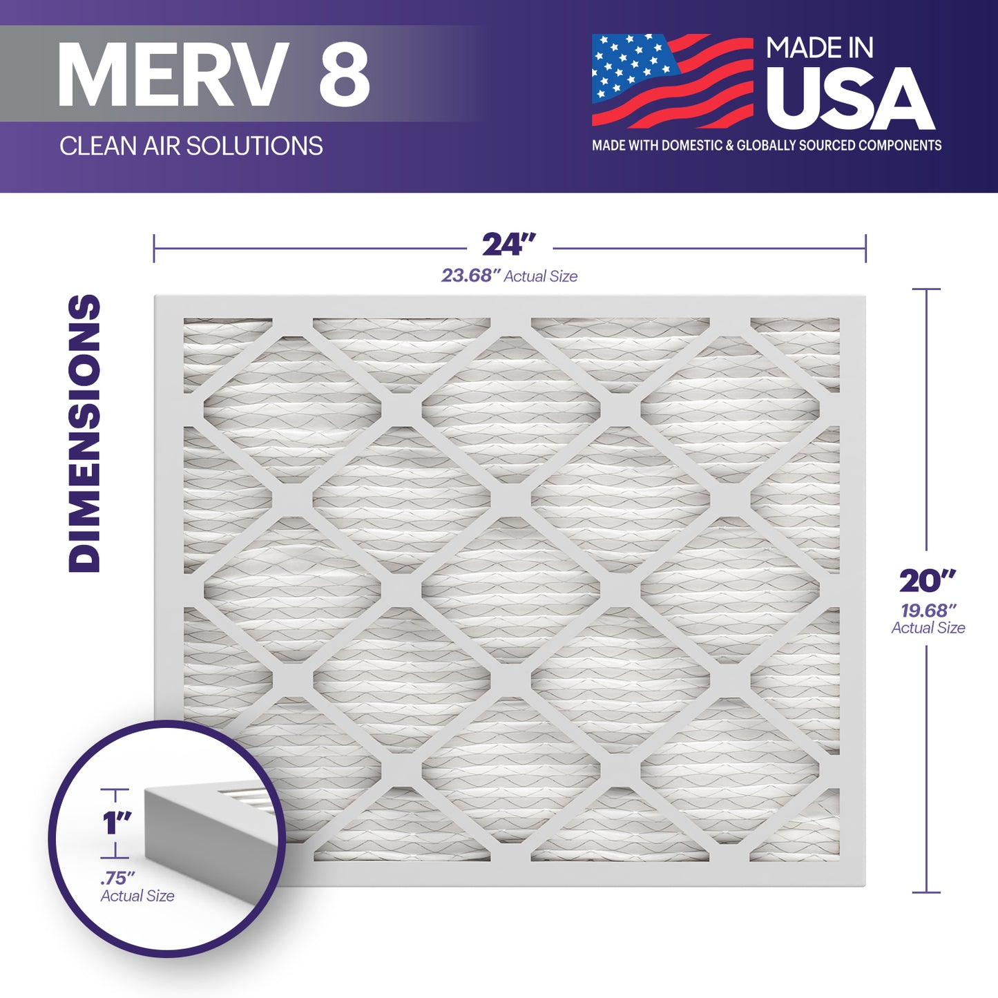 BNX TruFilter 20x24x1 MERV 8 Pleated Air Filter – Made in USA (6-Pack)