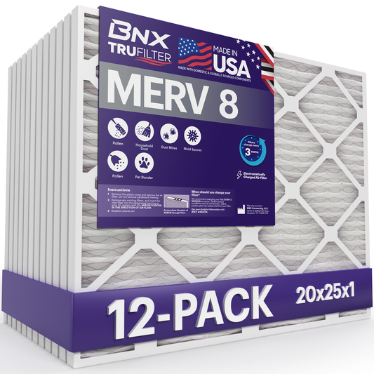 BNX 20x25x1 MERV 8 Pleated Air Filter – Made in USA (12-Pack)