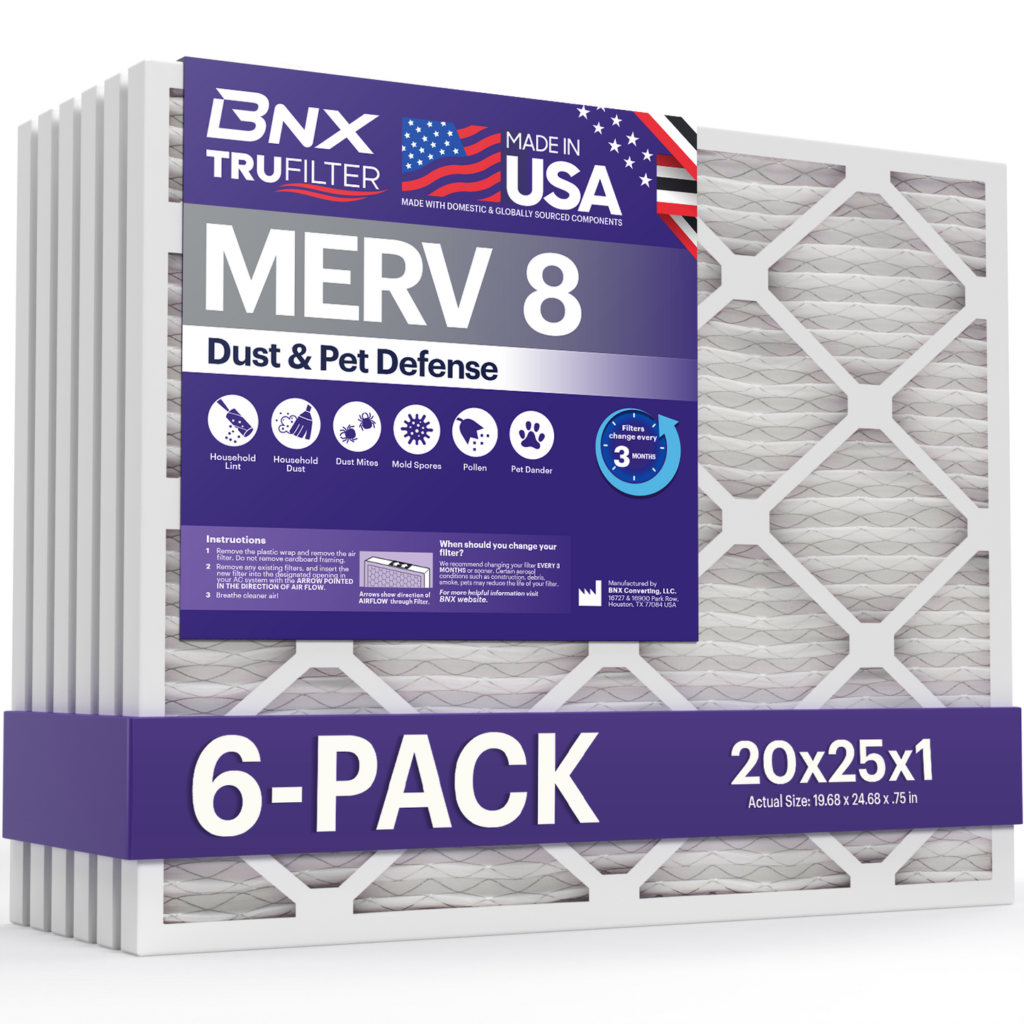 BNX 20x25x1 MERV 8 Pleated Air Filter – Made in USA (6-Pack)