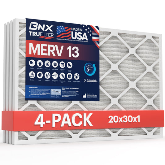 BNX 20x30x1 MERV 13 Pleated Air Filter – Made in USA (4-Pack)