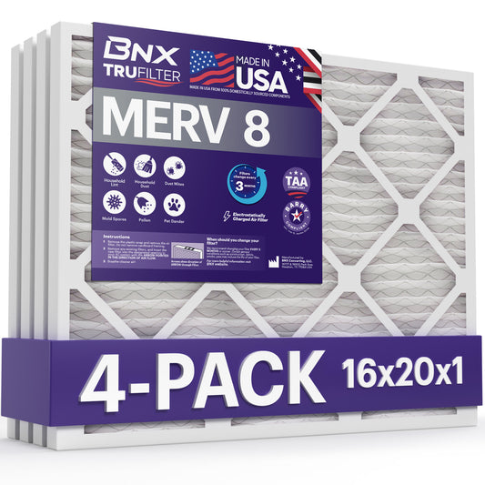 BNX 16x20x1 MERV 8 Pleated Air Filter – Made in USA (4-Pack)