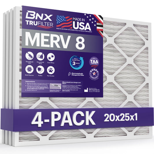 BNX 20x25x1 MERV 8 Pleated Air Filter – Made in USA (4-Pack)